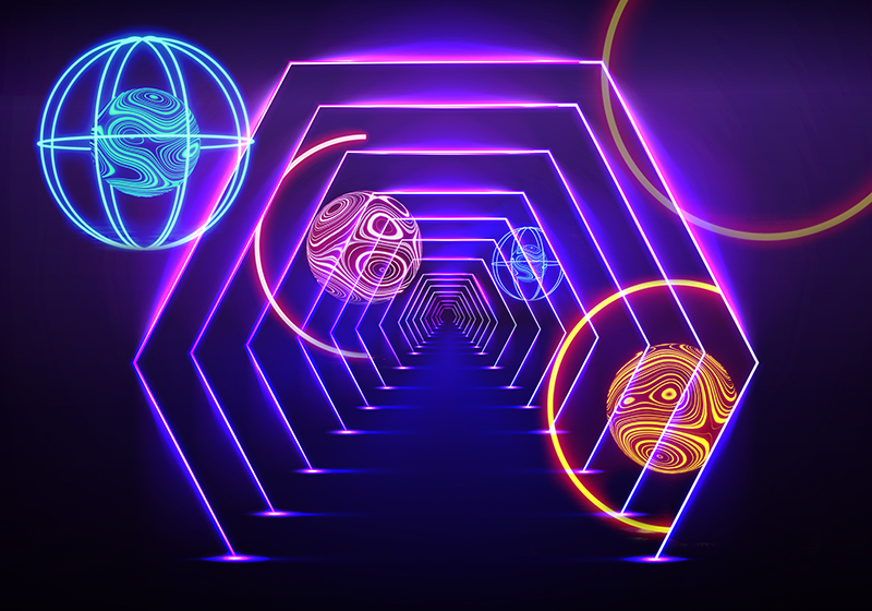 Vinyl tapijt paars neon hexagonale tunnelweergave - TenStickers