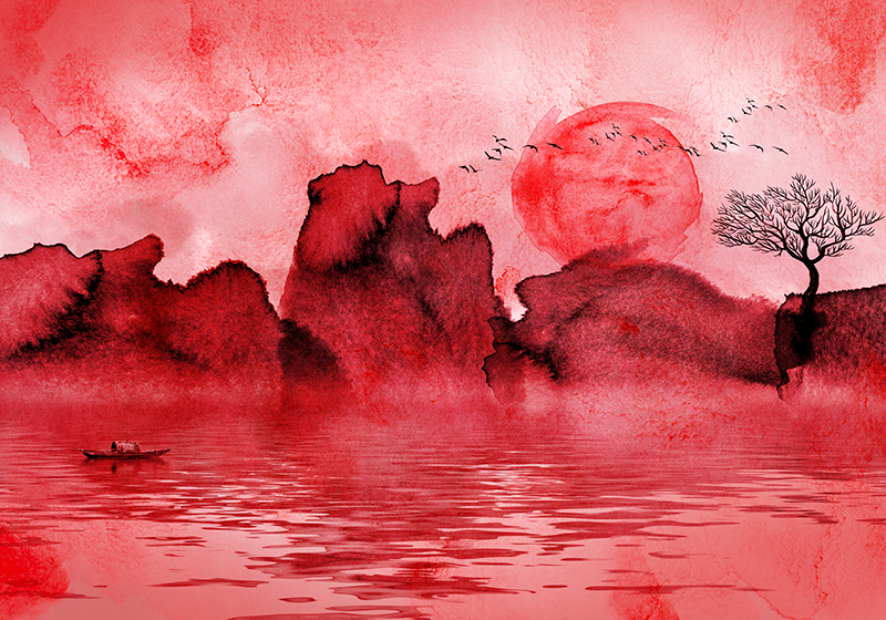 Vinyl tapijt rood chinese inktlandschap - TenStickers
