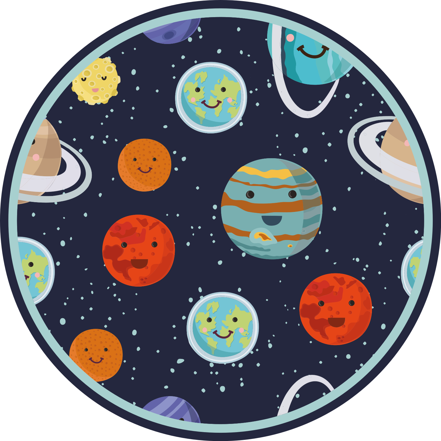 Lachende planeten vinyl tapijt rond voor kinderen - TenStickers