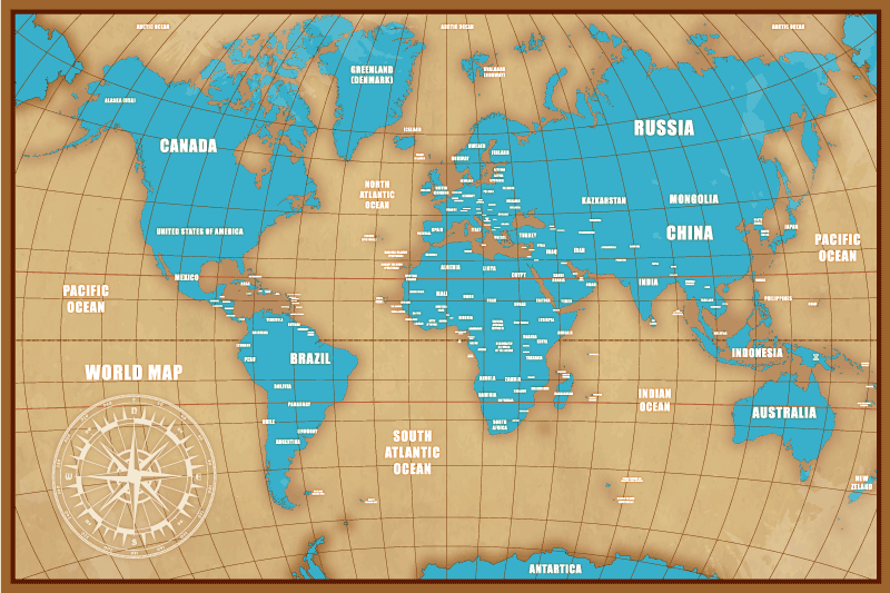 Blauw ontwerp met landen vinyl tapijt wereldkaart - TenStickers