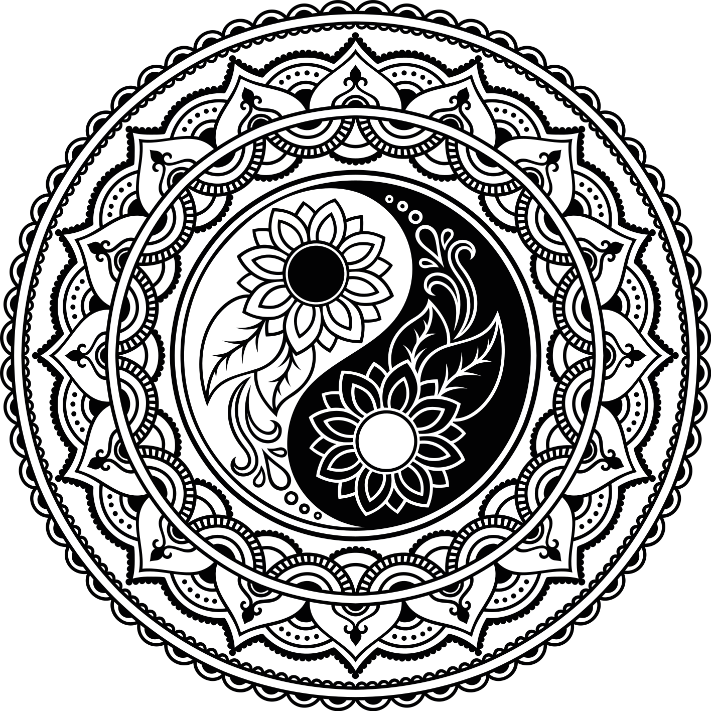 Yin yang zonnebloemen vinyl tapijt mandala - TenStickers