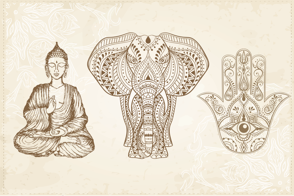 Boeddha olifant hand vinyl tapijt mandala - TenStickers