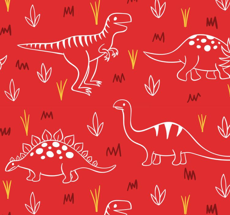 Dierenprint behang Dinosaurussen op rood - TenStickers