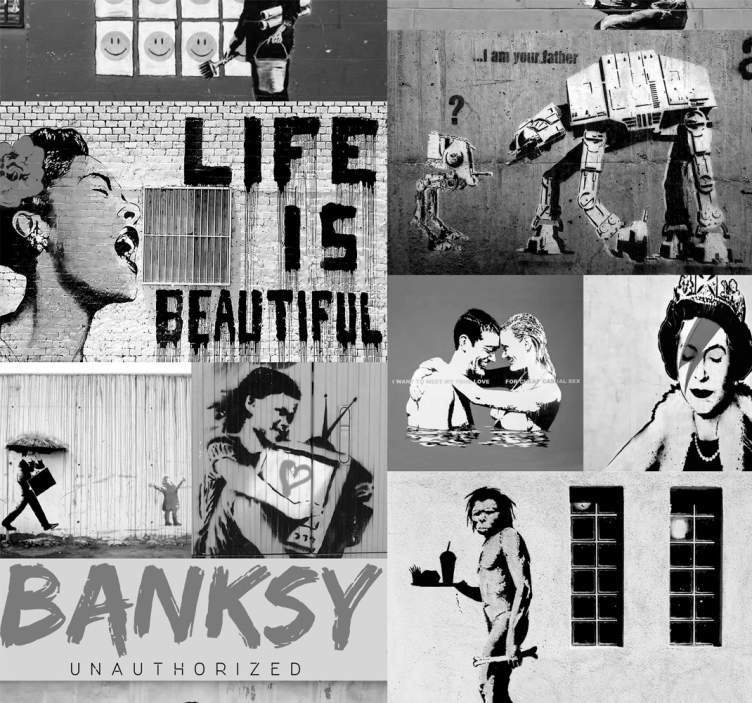 Kunst Behang Banksy kunst collage zwart wit - TenStickers