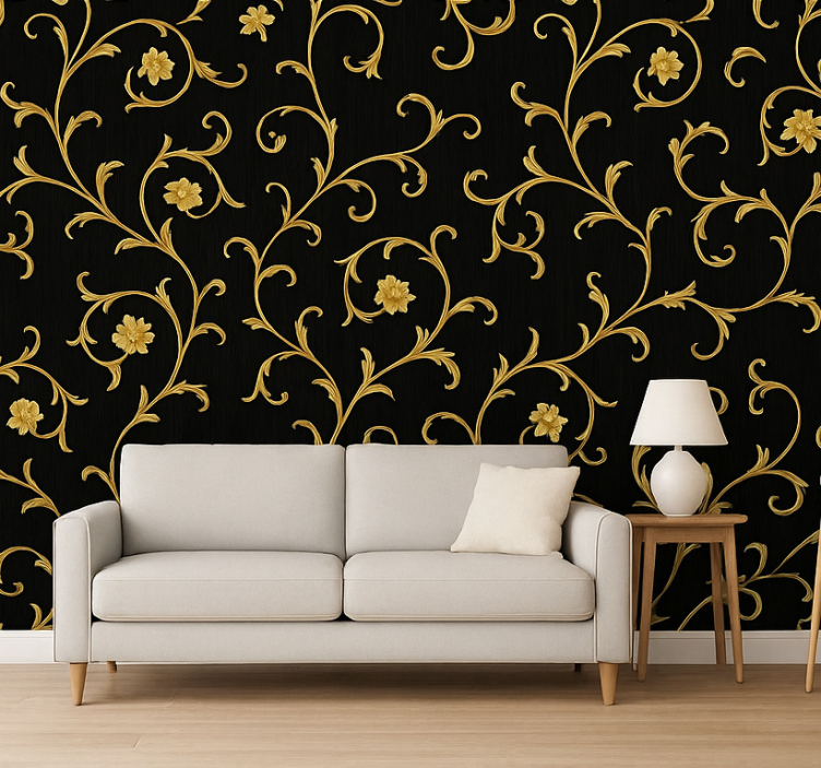 Behang barok gouden scroll middernacht noir - TenStickers