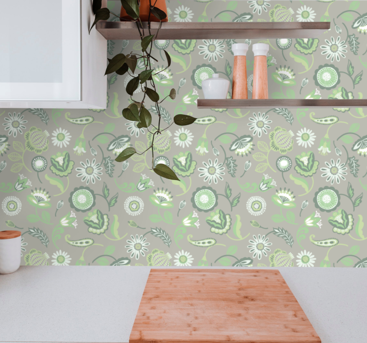 Bloemen behang Delicate groene poolse bloemen - TenStickers
