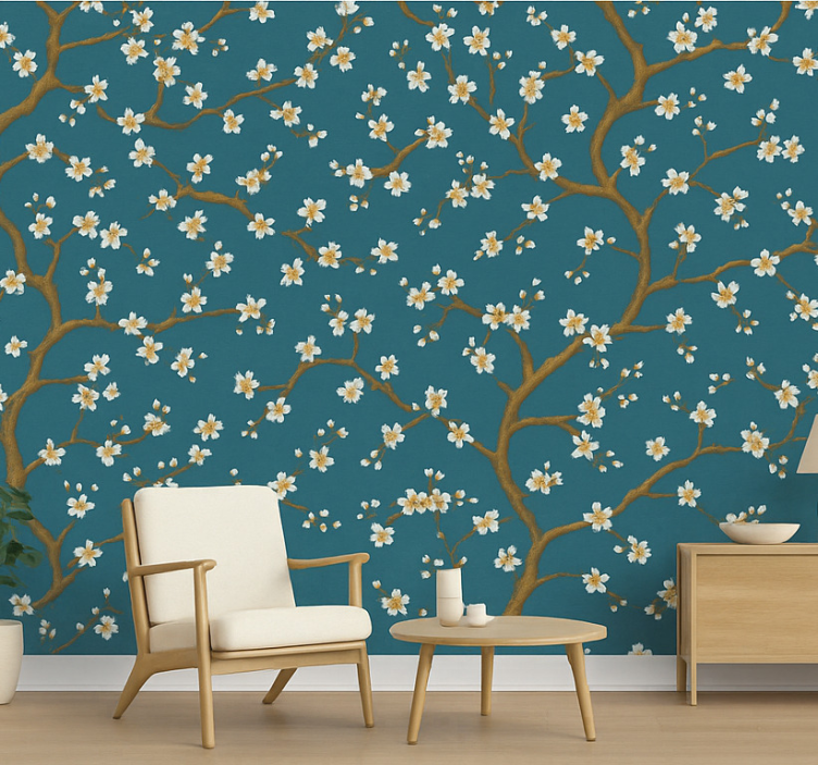 Behang bloemen gouden bloesem teal - TenStickers