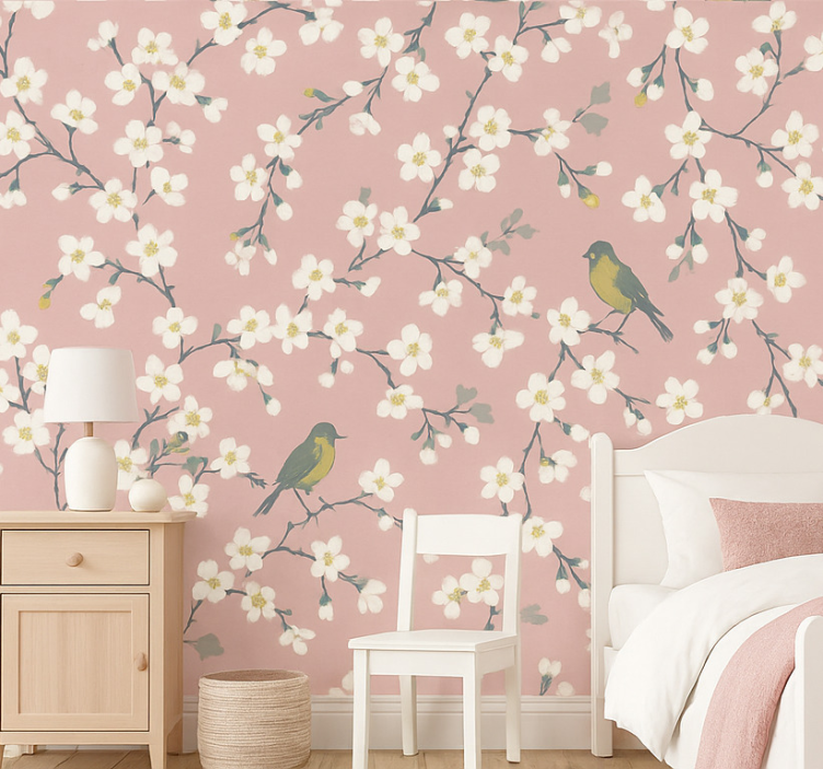 Behang bloemen roze boomvogels - TenStickers