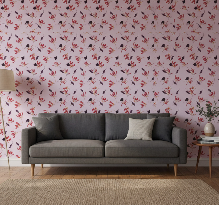 Behang bloemsierkunst handgetekende rode lelie ontwerp - TenStickers