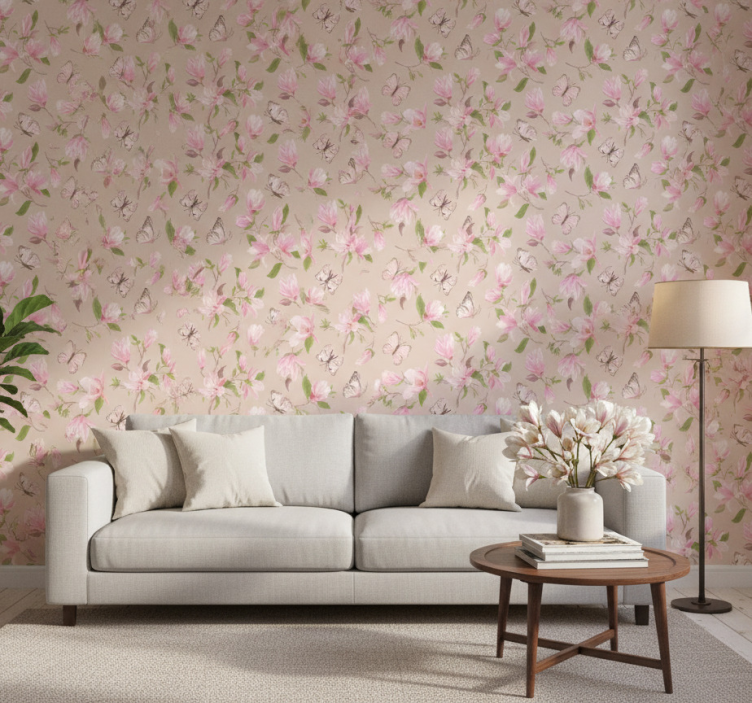 Behang bloemsierkunst roze magnolia en vlinder ontwerp - TenStickers