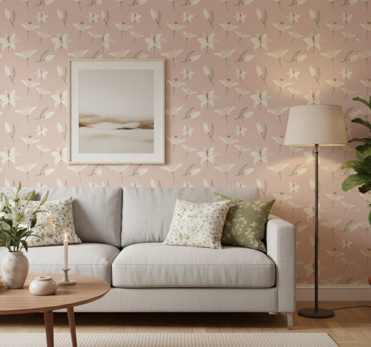 Behang bloemsierkunst witte lelie op nude achtergrond - TenStickers