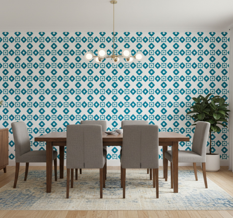 Behang eetkamer geometrisch blauw diamantdesign - TenStickers