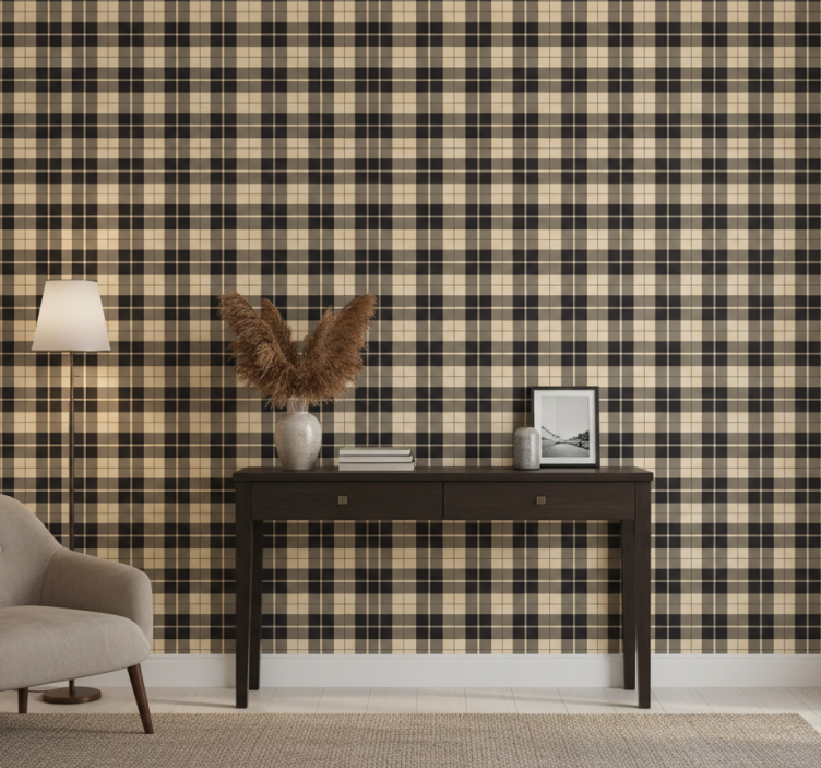 Behang gang beige patroon vierkanten met zwarte lijnen - TenStickers