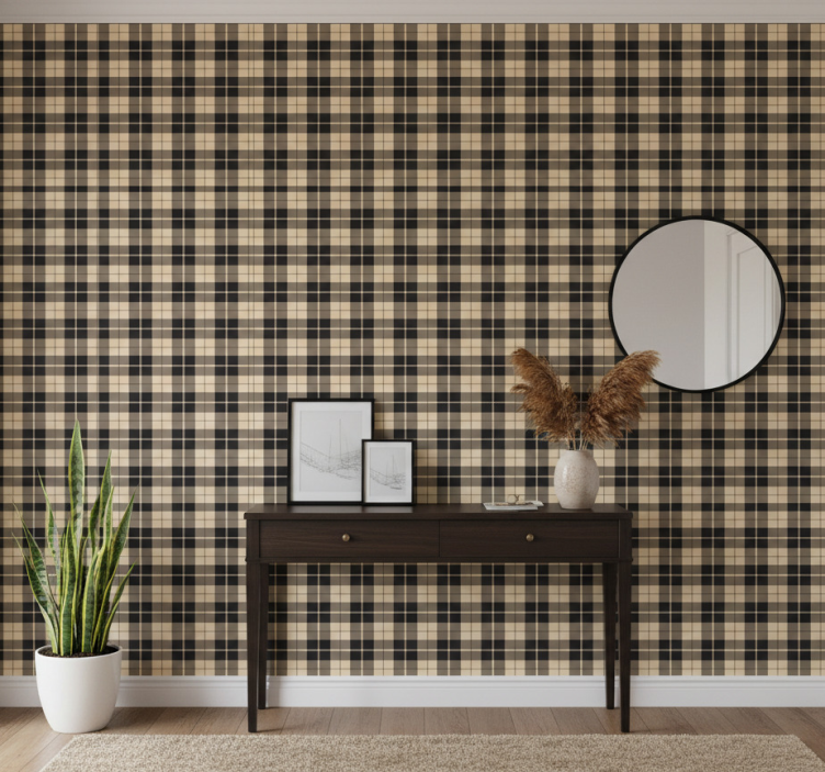 Behang gang beige vierkantpatroon met zwarte lijnen - TenStickers