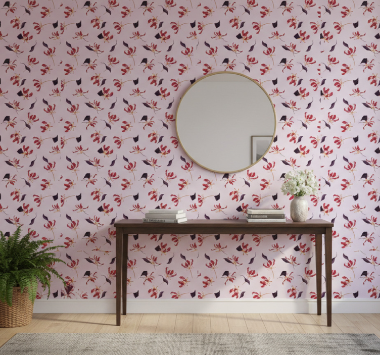 Behang gang handgetekend rood lelie bloemenontwerp - TenStickers