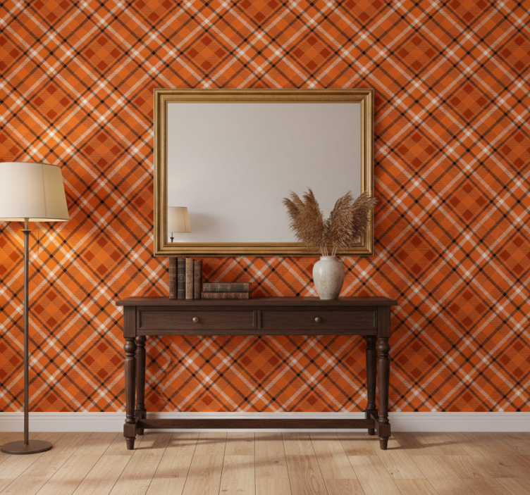 Behang gang oranje vierkantjes met bruine lijnen - TenStickers