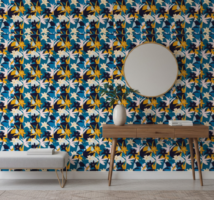 Behang gang witte lelies op blauwe achtergrond - TenStickers