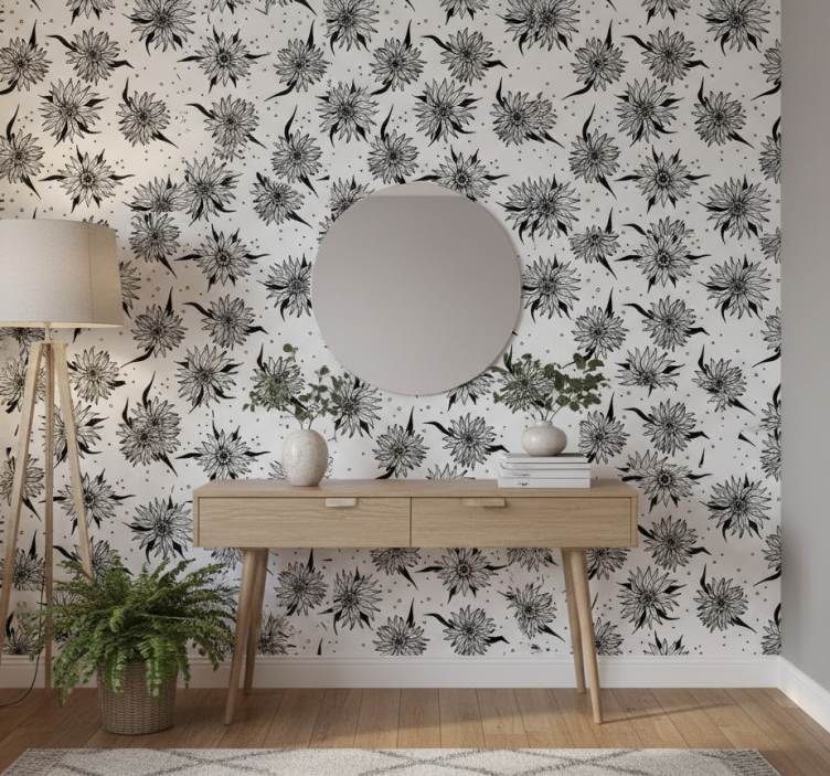 Behang gang zwart-witte zonnebloemen - TenStickers