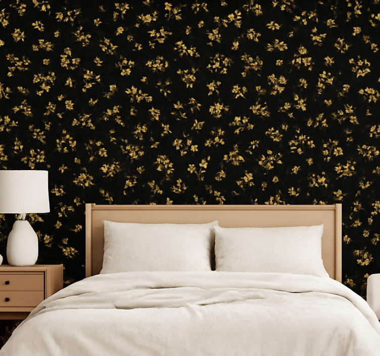 Behang hoofd slaapkamer donkere achtergrond met gouden bloemen - TenStickers