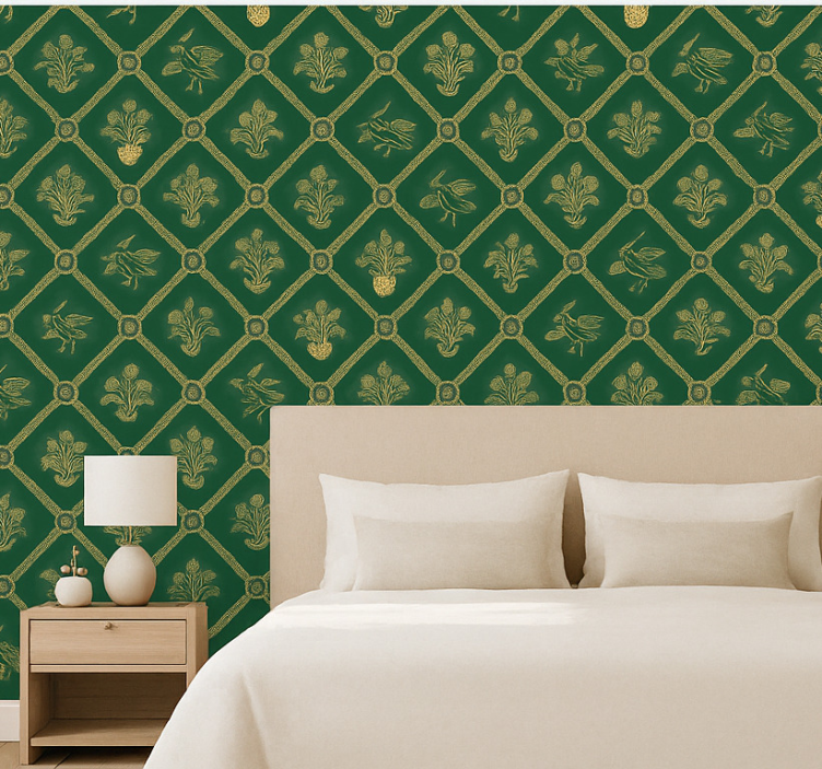 Behang hoofd slaapkamer elegant groen en goud patroon - TenStickers