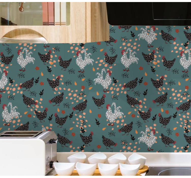 Keuken behang Zwart-witte kippen met bloemen - TenStickers