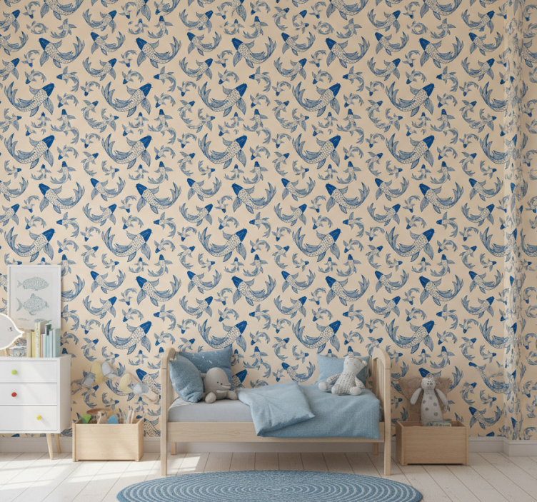Behang kinderkamer blauwe zwemmende vissen op beige achtergrond - TenStickers