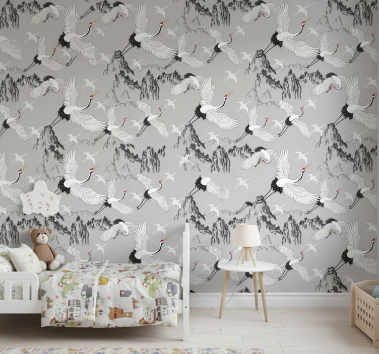 Behang kinderkamer elegante kraanvogels en pieken - TenStickers