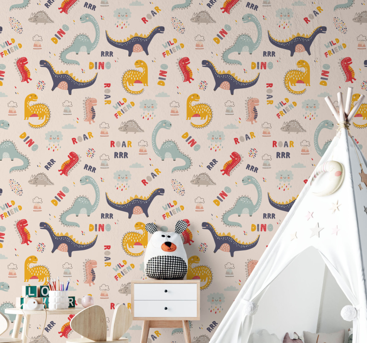 Kinderbehang Kleurrijke dinosaurussen met namen - TenStickers