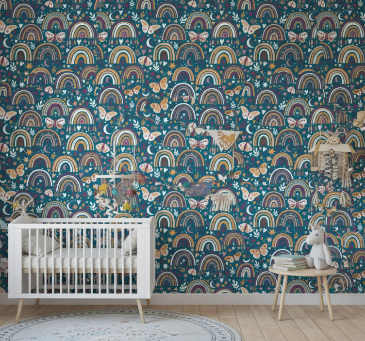 Behang kinderkamer kleurrijke regenbogen en vlinders - TenStickers