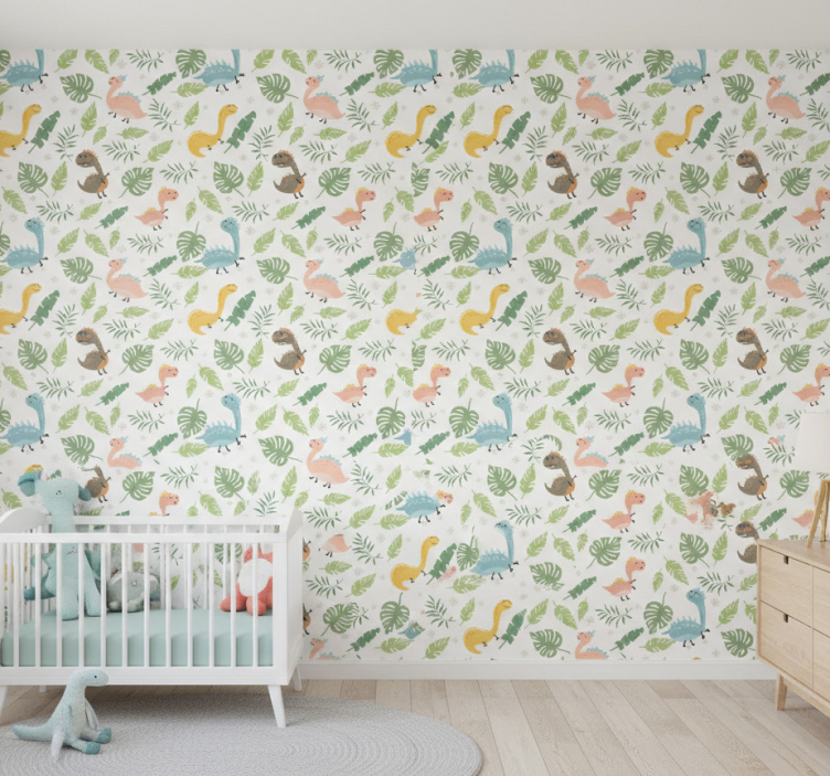 Behang kinderkamer pastel kleur bos met dinosaurussen patroon - TenStickers