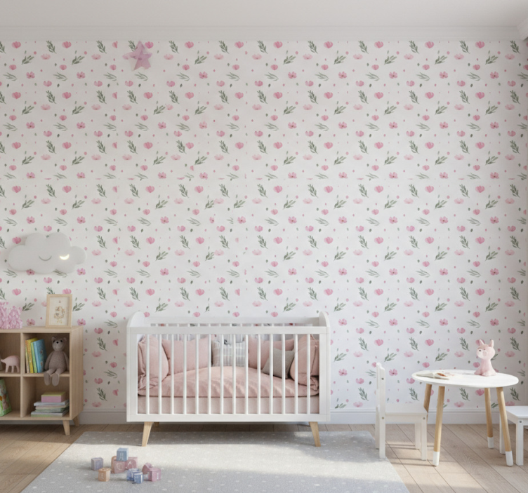Behang kinderkamer roze minimalistische bloemetjes - TenStickers