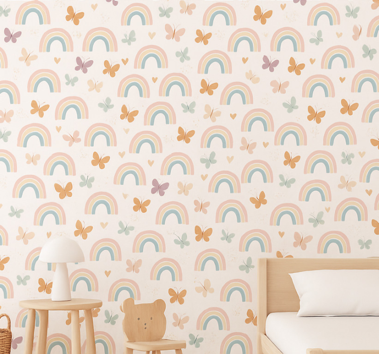 Behang kinderkamer schattig regenboogontwerp met vlinders - TenStickers