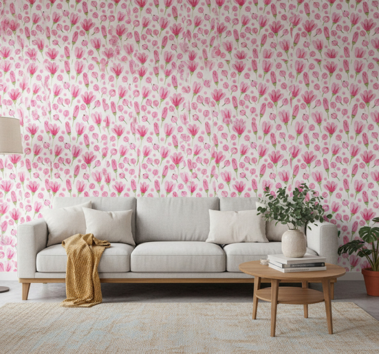 Woonkamer behang roze bloemenpatroon - TenStickers