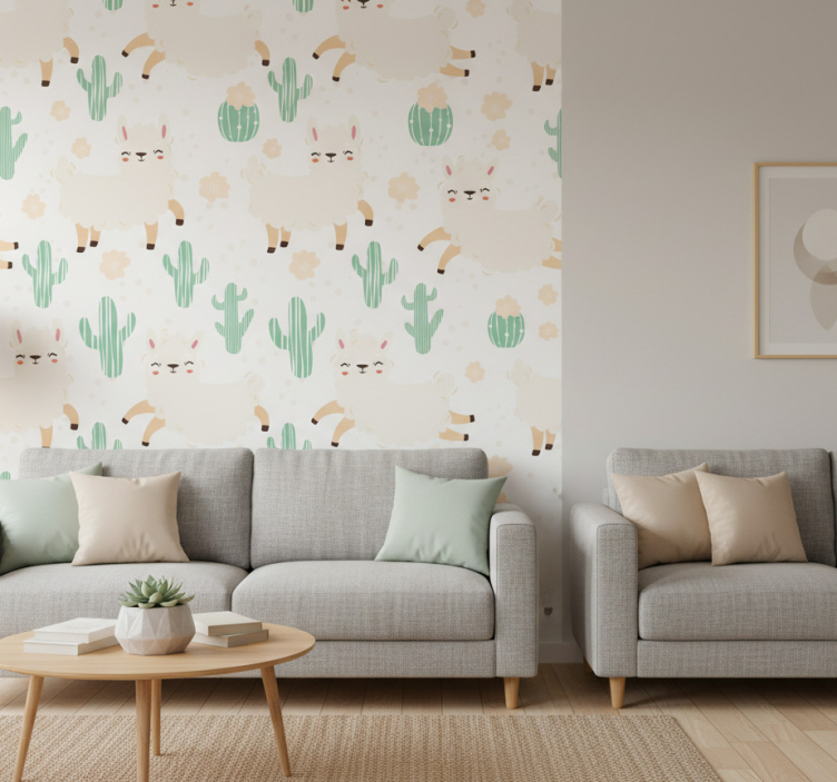 Behang print schattige aquarel lama's met cactus - TenStickers