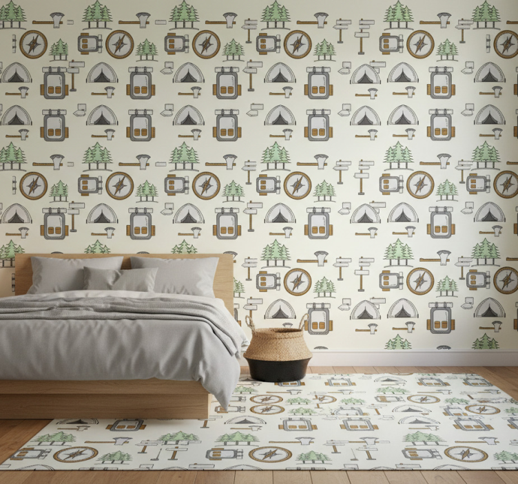 Behang slaapkamer camping tas kom hoofdlamp kompas - TenStickers
