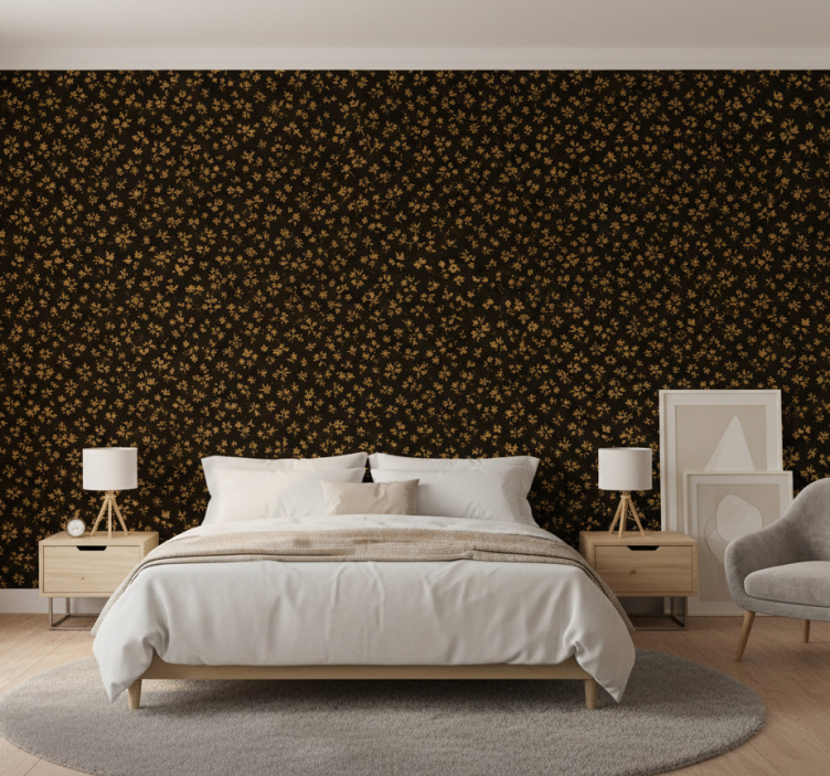 Behang slaapkamer donkere achtergrond met gouden bloemen - TenStickers