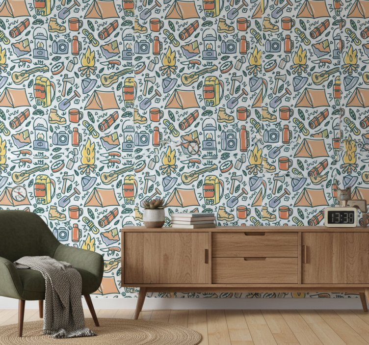 Behang slaapkamer handgetekende bergen en kampeerspullen - TenStickers