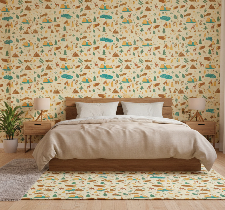 Behang slaapkamer handgetekende kampeertijd bergen - TenStickers