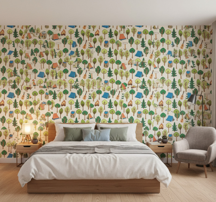 Behang slaapkamer kampeerspullen gitaren zaklamp bijen - TenStickers