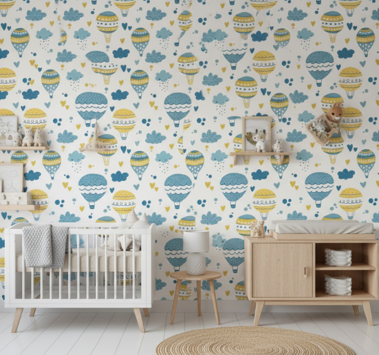 Behang slaapkamer kleurrijke ballonnen en wolken - TenStickers