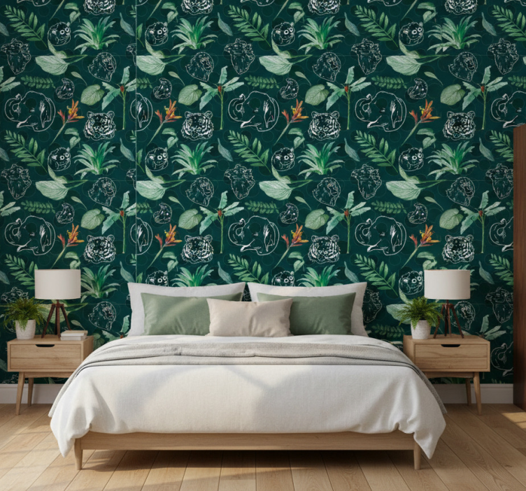 Behang slaapkamer kleurrijke jungle dieren en bomen patroon - TenStickers