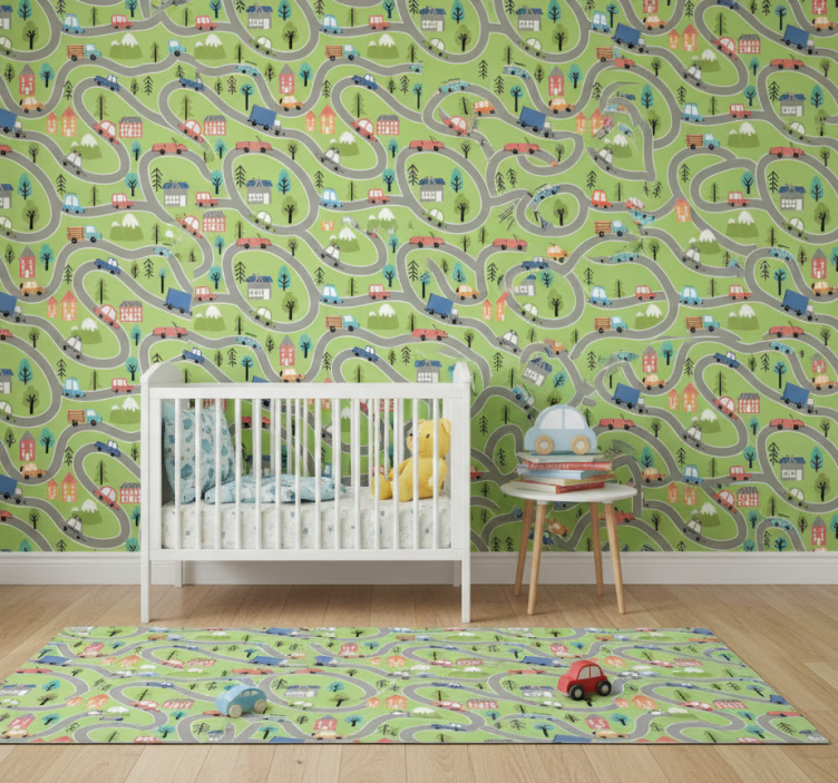 Behang slaapkamer kleurrijke straat met raceauto's - TenStickers