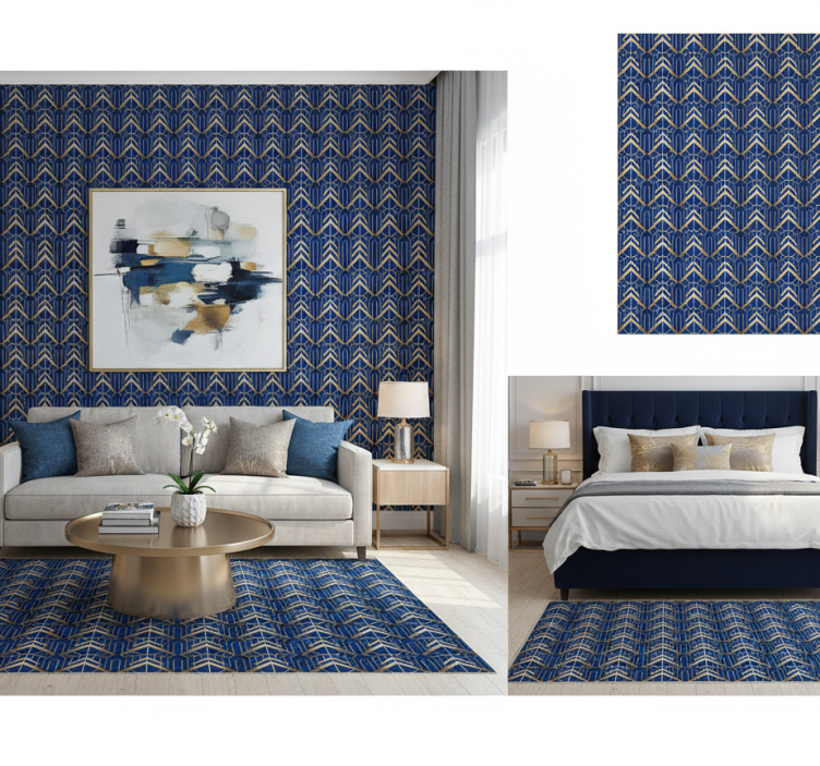 Behang slaapkamer modern kunst blauw en gouden patroon - TenStickers