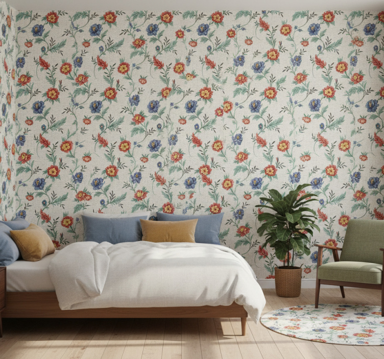Behang slaapkamer retro bloemen design - TenStickers