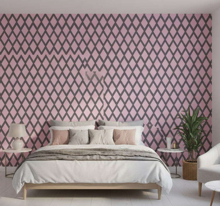 Behang slaapkamer roze en grijze ruitjesdesign - TenStickers
