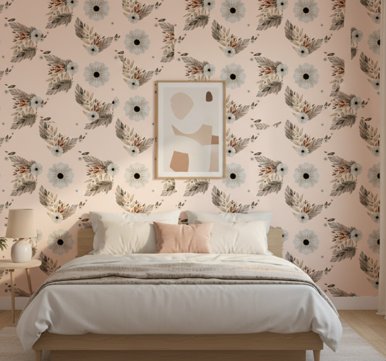 Behang slaapkamer roze en zwarte pastel bloemen patroon - TenStickers