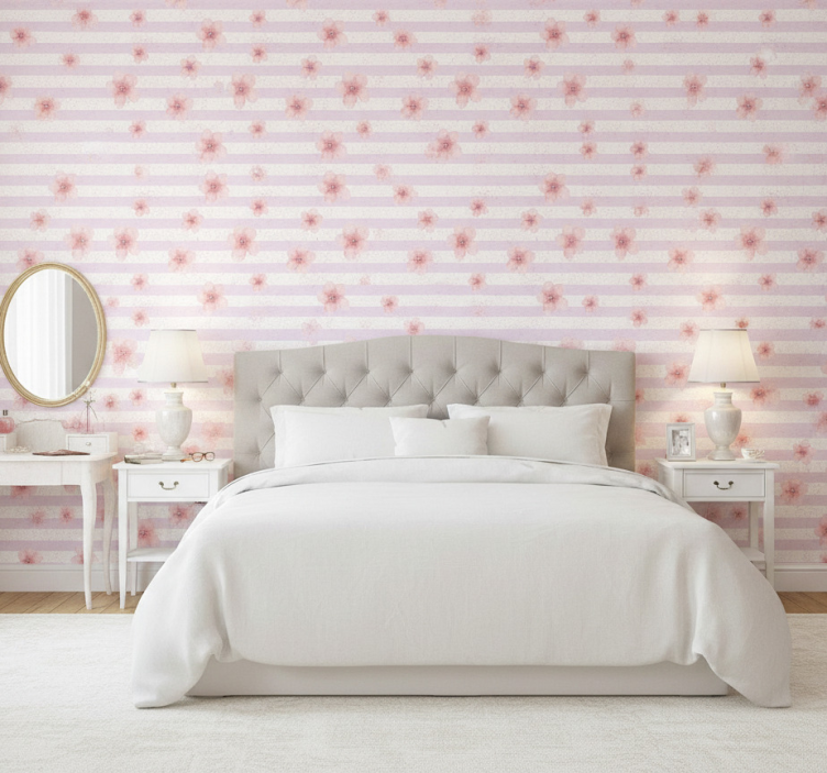 Behang slaapkamer shabby chic met verticale roze lijnen - TenStickers