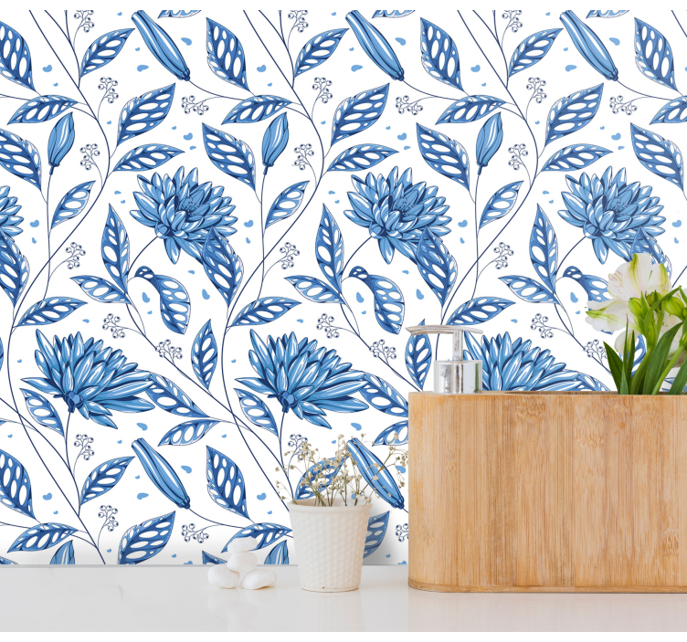 Blauw bloemmotief behang bloemen - TenStickers