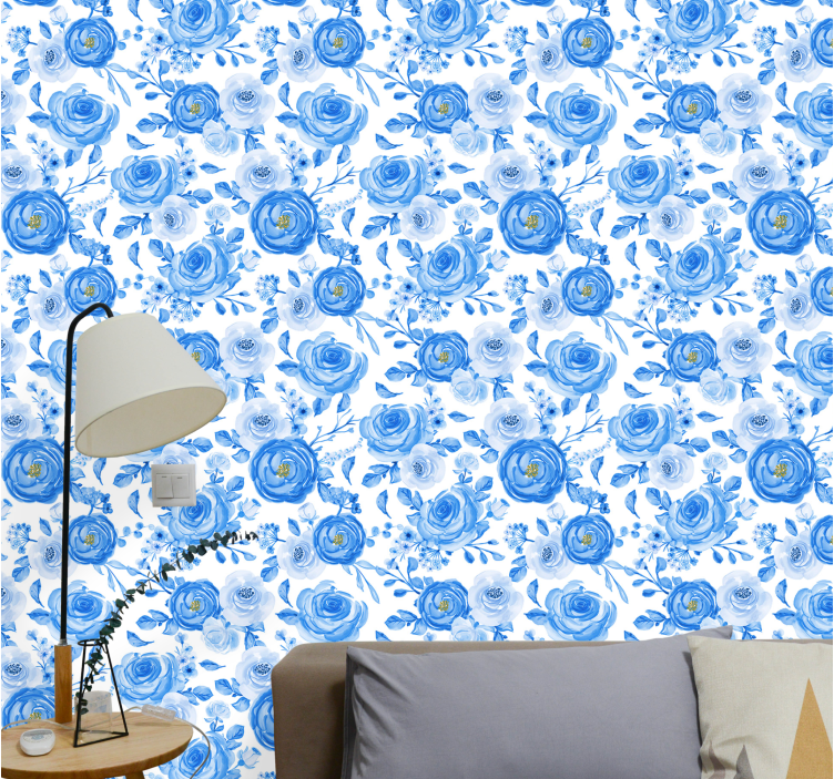 Blauw rozenpatroon behang bloemen - TenStickers
