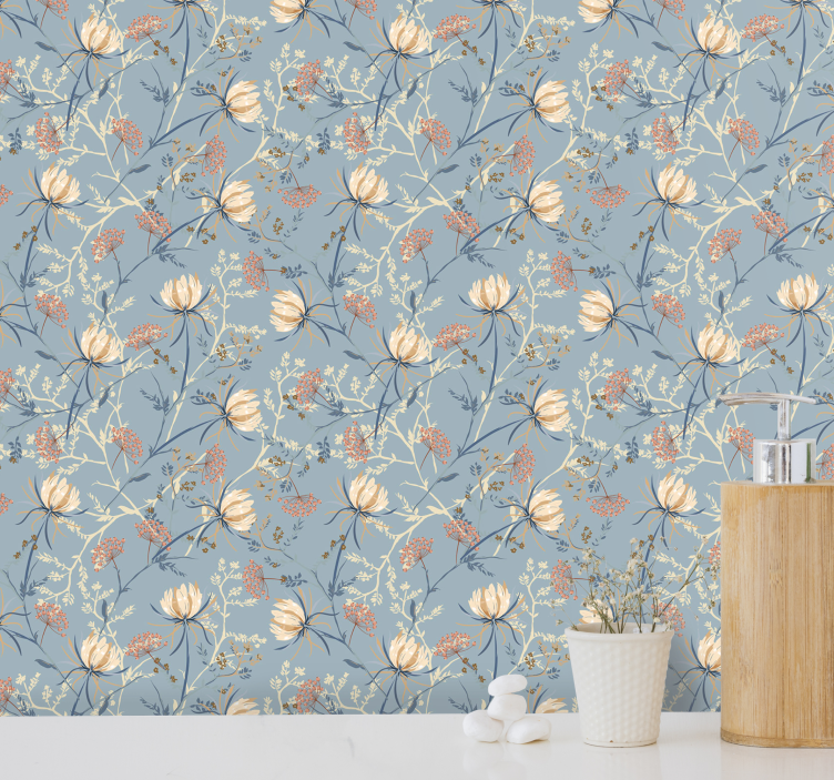 Blauwe natuur scene behang bloemen - TenStickers